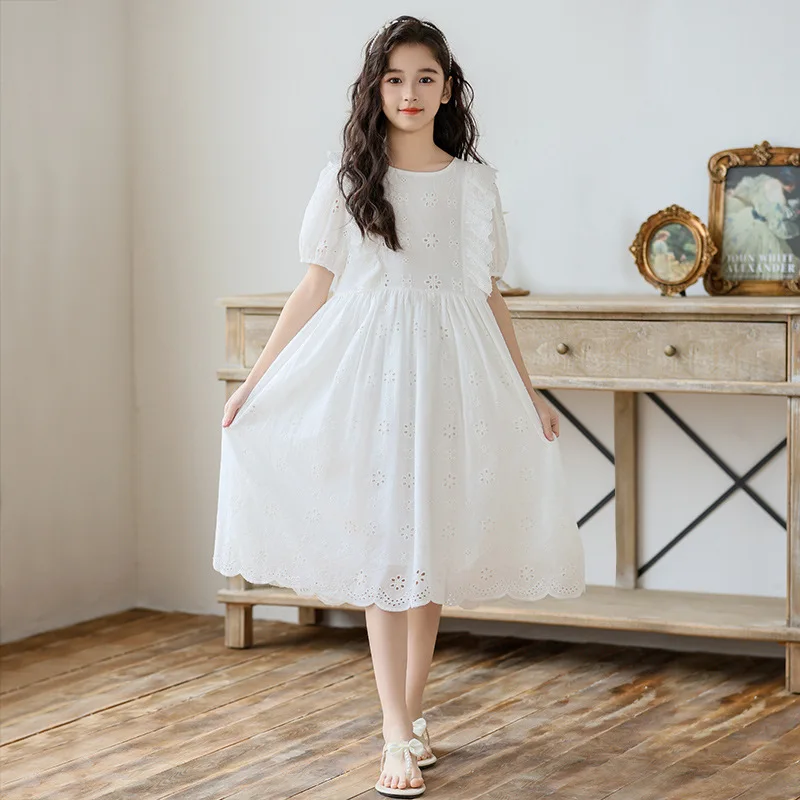 Summer Lace Hollow Out Dress for Children Girls 2026 Summer New Children and Girls Stylish Princess Dress