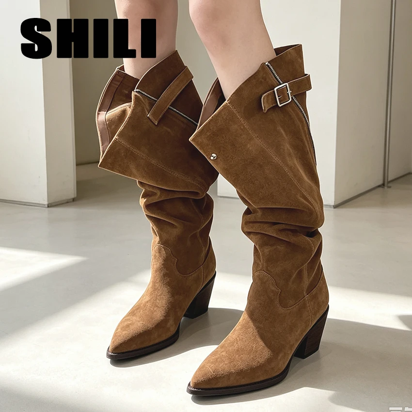 Retro Slouchy Knee High Boots for Women Faux Suede Western Boots Pointed Toe Chunky Heel Buckle Belt Fashion Botas Mujer Party