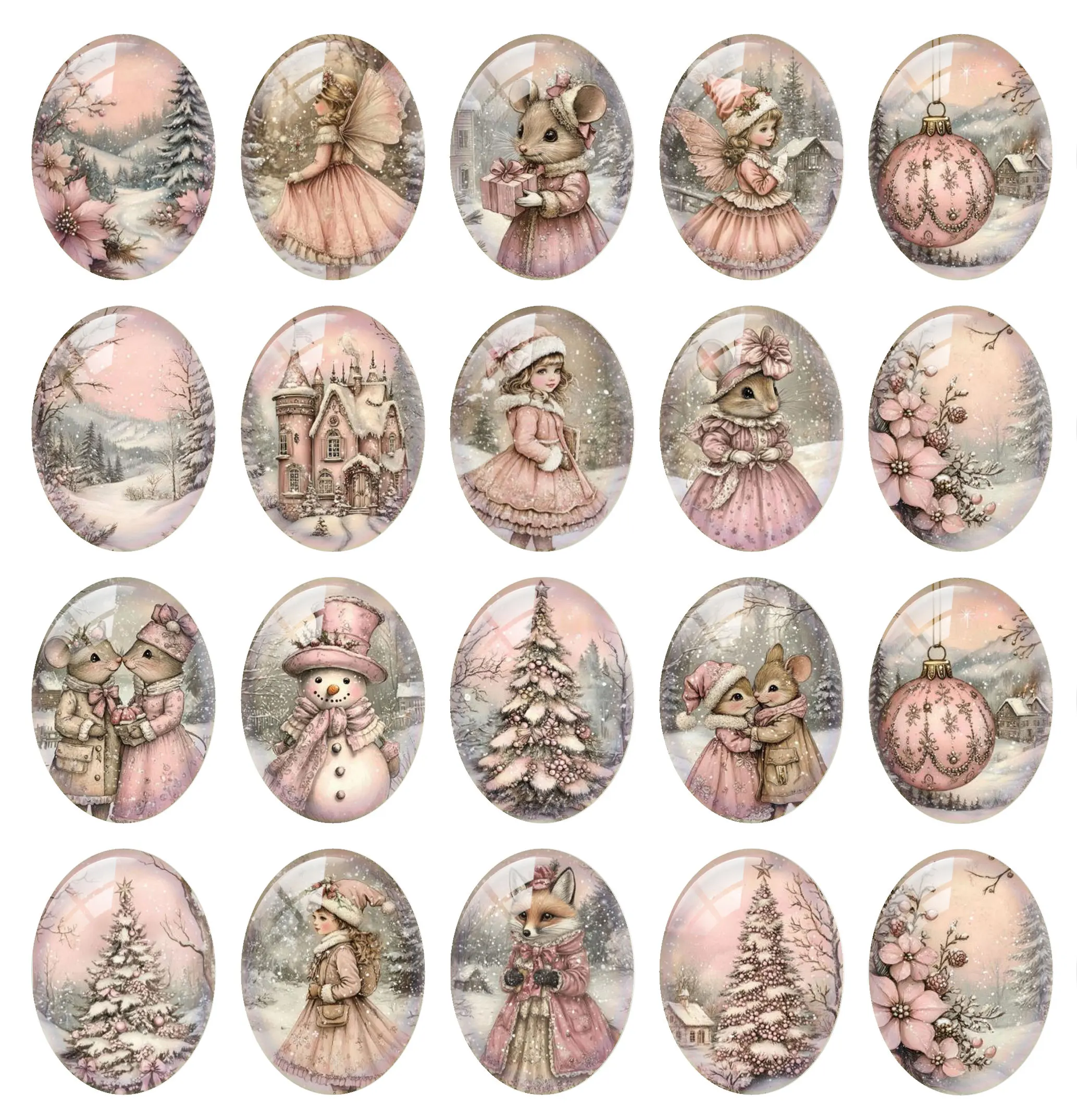 10pcs/lot Christmas Pink Snowflakes Fairy Tree Mouse Fox Oval Photo Glass Cabochon Flatback Demo Cameo Diy Jewelry Making