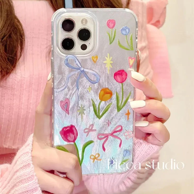 Ins Colorful flowers Phone Case For iPhone16Pro Max15 14 13 12 11 XR XS Max7 8Y2K Senior  Feather gauzeSoft anti fall Phone Case