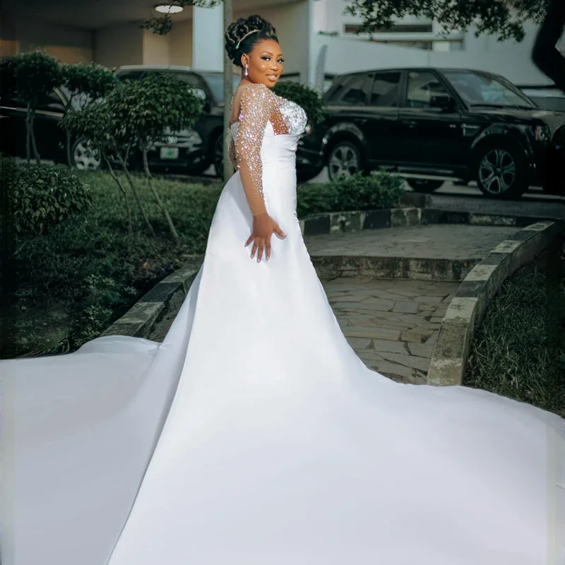 Personalizado modesto apliques de renda plus size vestido de casamento manga longa elegante árabe nigeria aso ebi trompete vestidos de noiva