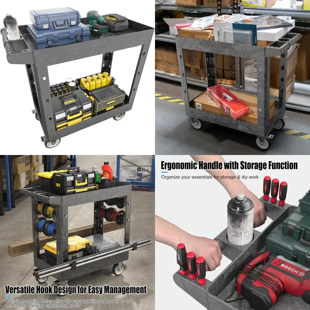 

Heavy-Duty 2-Shelf Plastic Utility Cart with Ergonomic Handle and 5 Swivel Casters for Large Garage Storage and Tool Organizatio