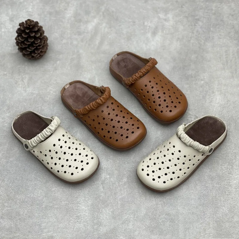 Birkuir Hollow Out Flats Slippers For Women ClosedToe Slip On Summer Beach Slides Luxury Genuine Leather Breathable Soft Slides