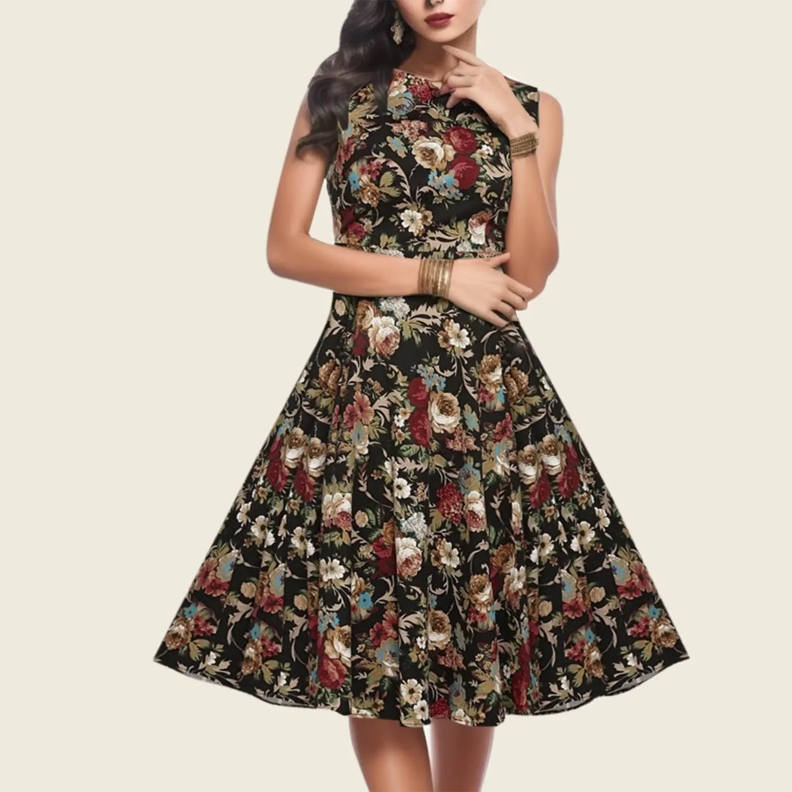 Vestido de verano Retro para mujer, ropa de fiesta Vintage sin mangas, cintura alta, estampado Floral, 2023