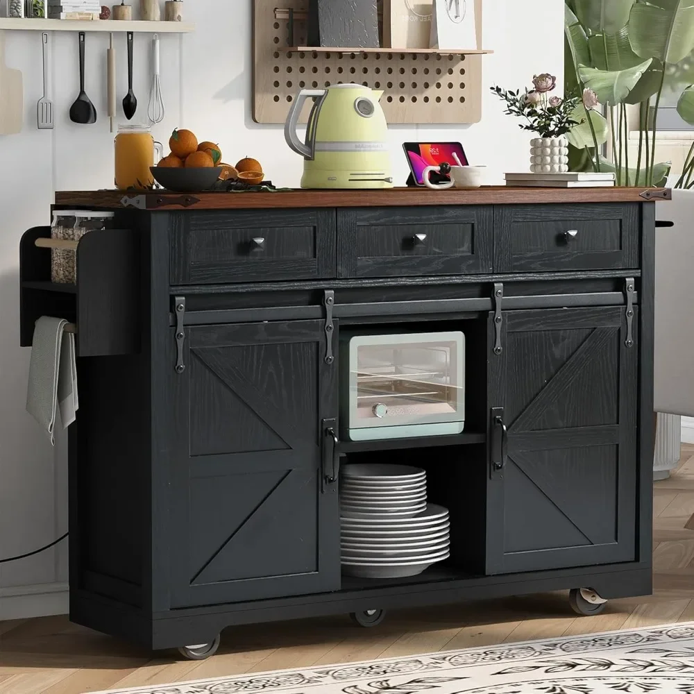 Farmhouse Kitchen Island on Wheels with Drop Leaf & Power Outlet, Rolling Storage Island Cart with Drawers