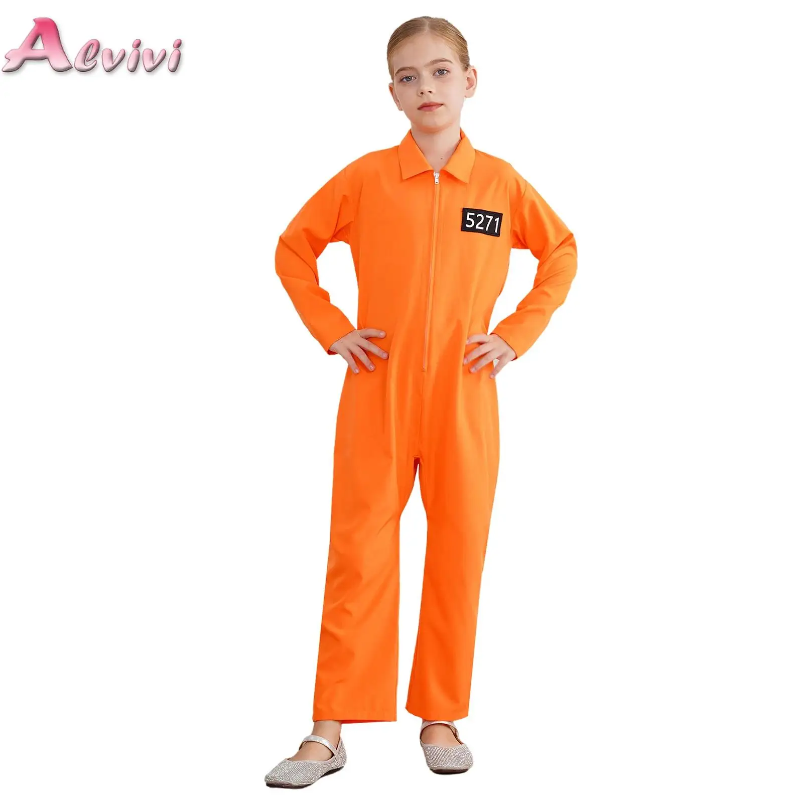 Kids Prisoner Costume One Piece Long Sleeve Prisoner Jumpsuit Jailbird Inmate Prison Uniform Themed Party Cosplay Costume 6-16Y
