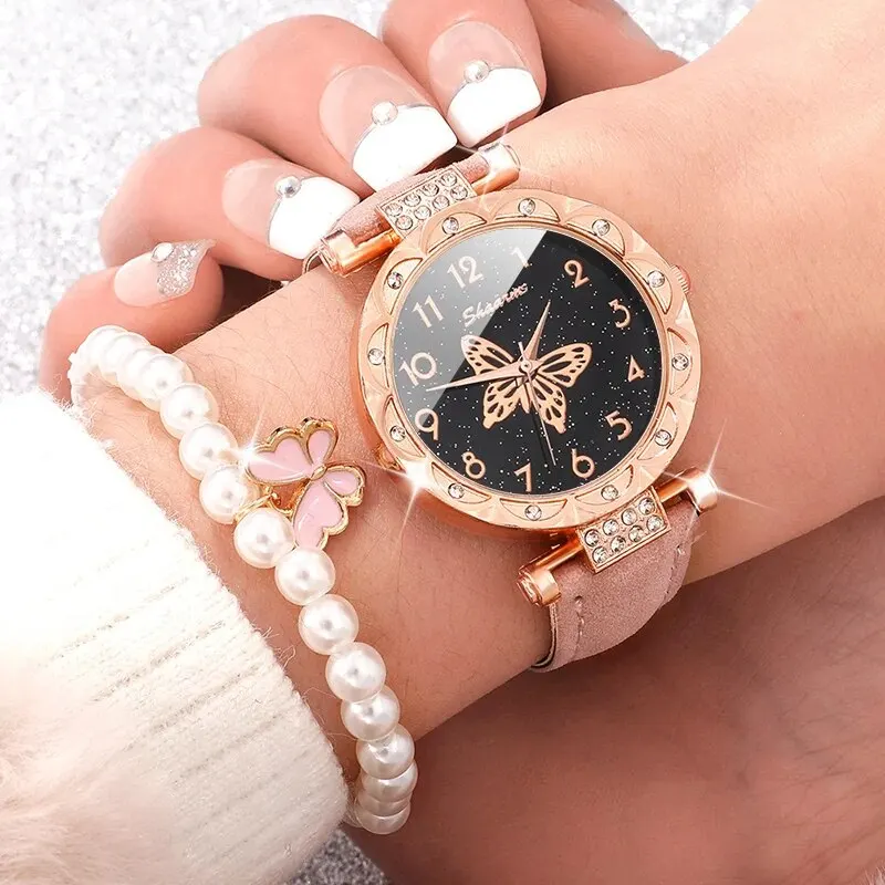 Pink Pearl Butterfly Watches for Women Fashion Rhinestone Casual Bracelet Watch Simple Female Clock Ladies Quartz Wristwatches