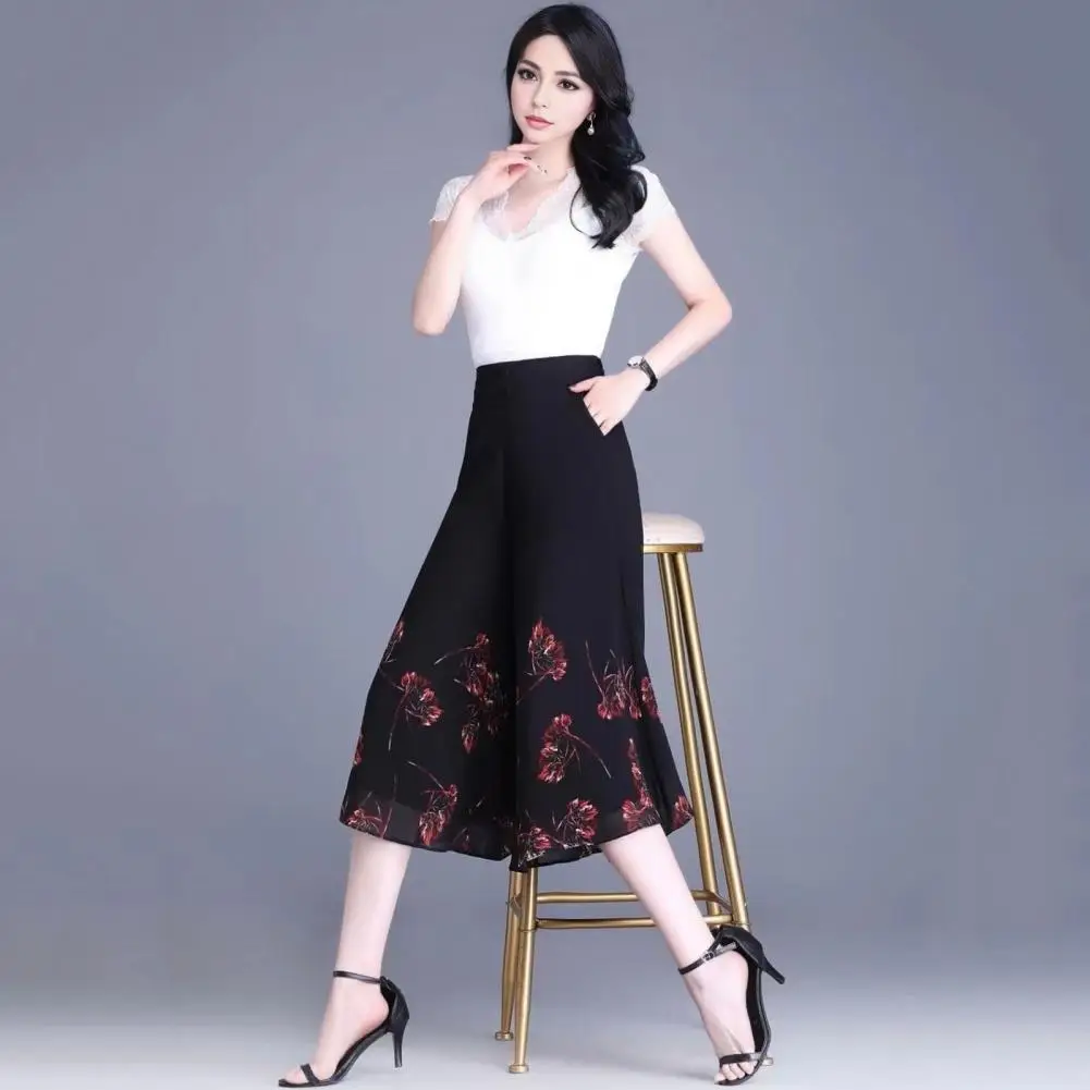 

Women Cropped Pants Wide Leg Thin Chiffon Trousers Elastic High Waist Flower Print Loose Fit Culottes Streetwear