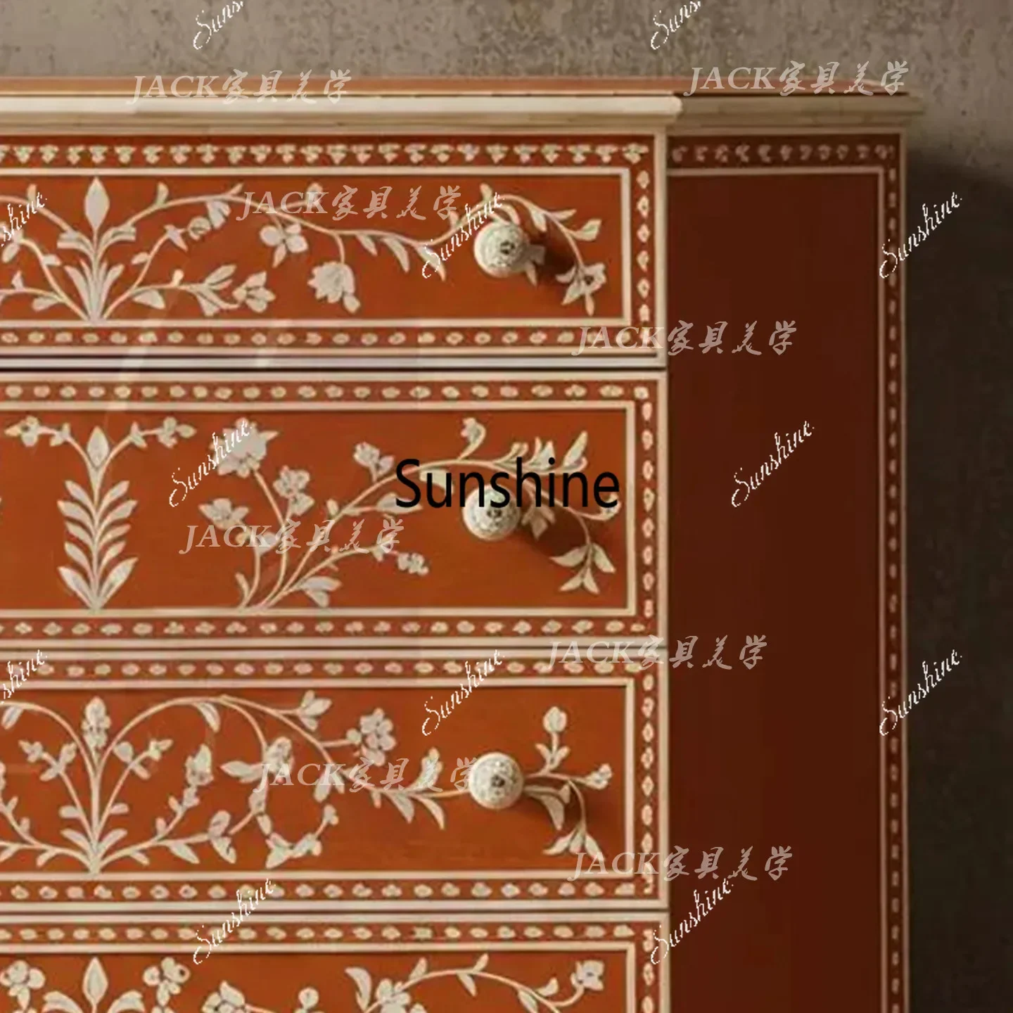 French retro solid wood hand-painted four-bucket cabinet living room wall decorative cabinet
