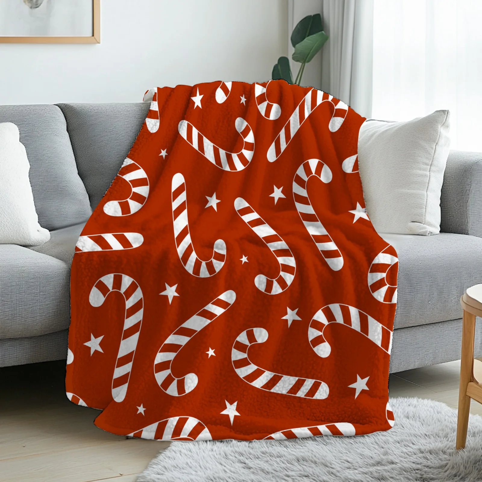 1pc Candy Cane Star Flannel Blanket - Soft Warm 280gsm All-Season Bedspread with Red & White Striped Candy Cane & Star Pattern, Cozy Christmas Bedding for Sofa, Bed, Couch - Red/Grey Holiday Decor (Machine Washable)