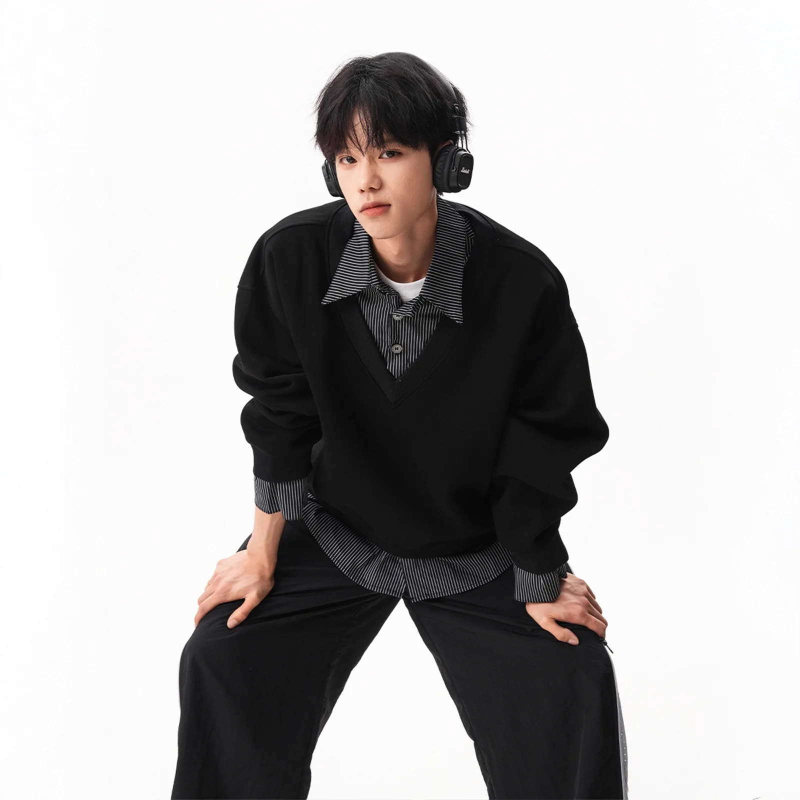 

High Intelligence Fake Two-Piece Sweatshirt For Men, Autumn Loose Color-Block Patchwork Long Sleeve Style Casual Couple