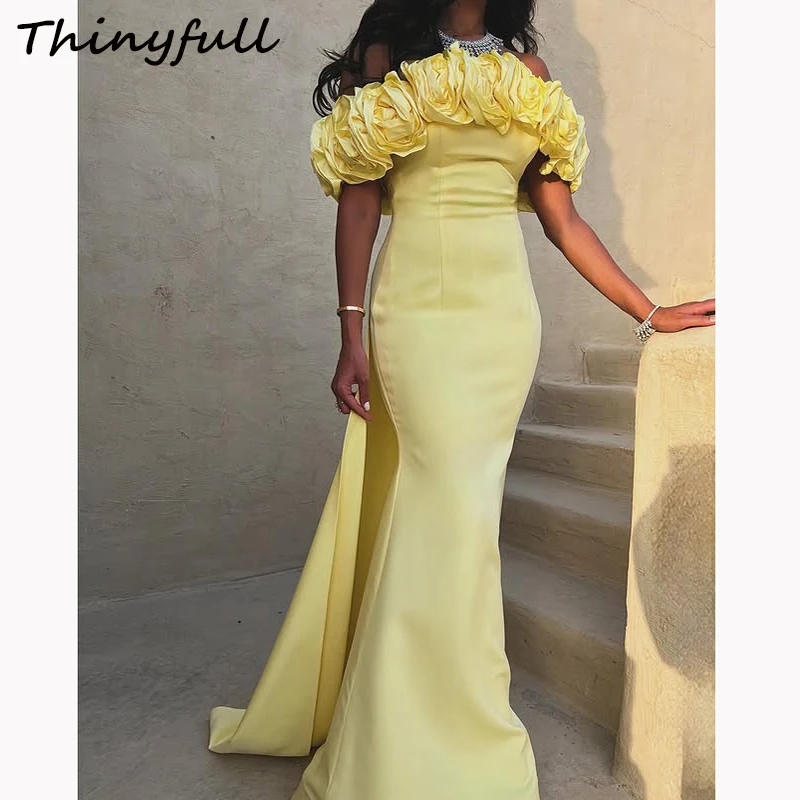 

Thinyfull Mermaid Satin Arab Evening Dresses Off Shoulder 3D Flowers Prom Dress Dubai Long 2025 Formal Occasion Gown Customized