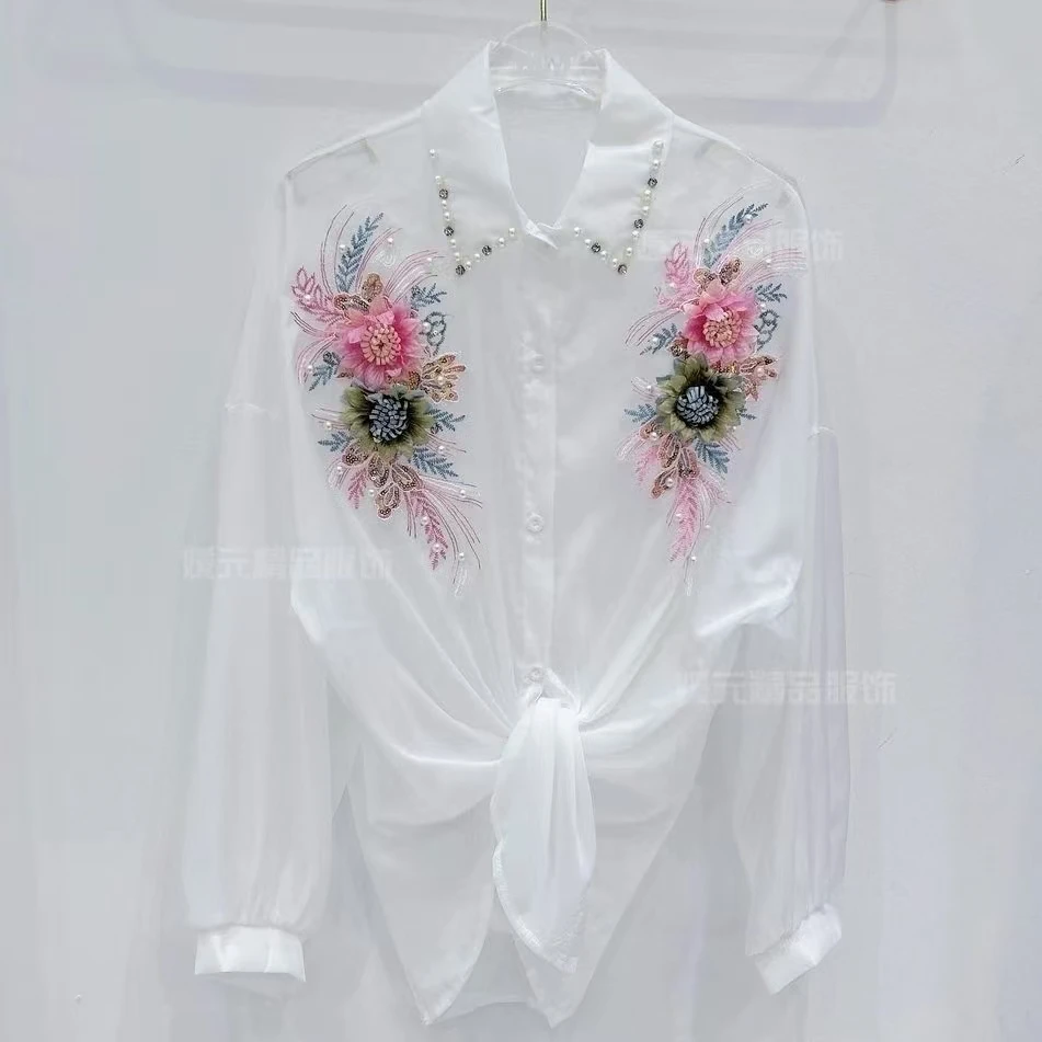 Heavy Industry 3D Flower Sun Protection Shirt Cardigan Women Heavy Industry Beads Diamond-Embedded Blouse Sweet Loose Top