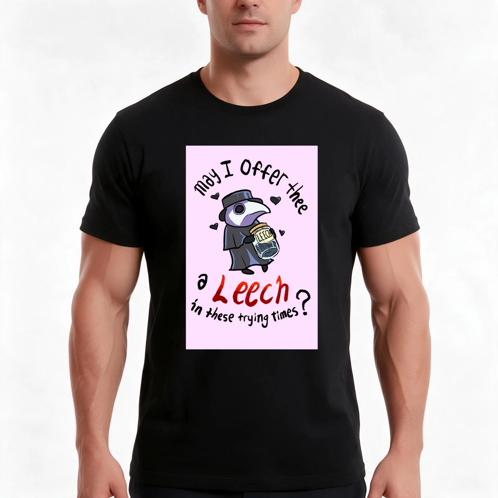 Cute Plague Doc with Leech Jar T-Shirt, Summer Casual Cotton Tee, Oversized Streetwear Tops, Vintage Graphic Print, 100% Cotton