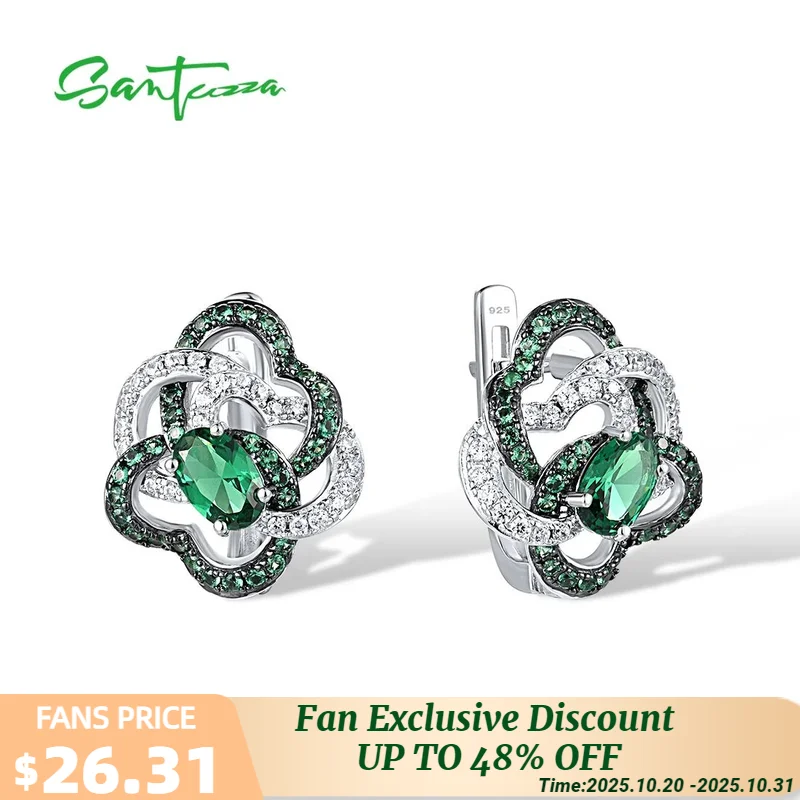 

SANTUZZA серьги из чистого серебра 925 пробы для женщин, зеленая шпинель, белый CZ, нежный цветок, элегантные вечерние, свадебные, изящные ювелирные изделия