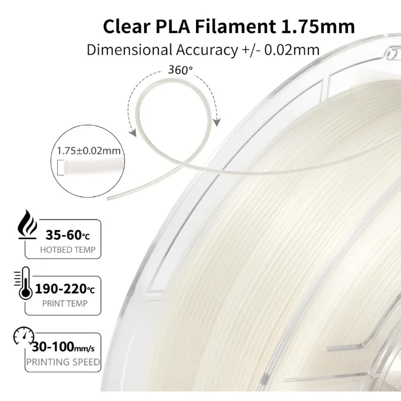 Clear PLA Filament 1.75mm,High Light Transmittance Transparent PLA Filament 1kg(2.2lbs) Spool, Dimensional Accuracy ±0.02mm