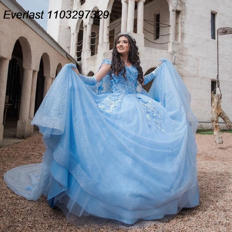 EVLAST Customized Blue Quinceanera Dress Ball Gown 3D Flowers Applique Beads Crystal Cape Sweet 16 Vestidos De XV 15 Anos TQD700