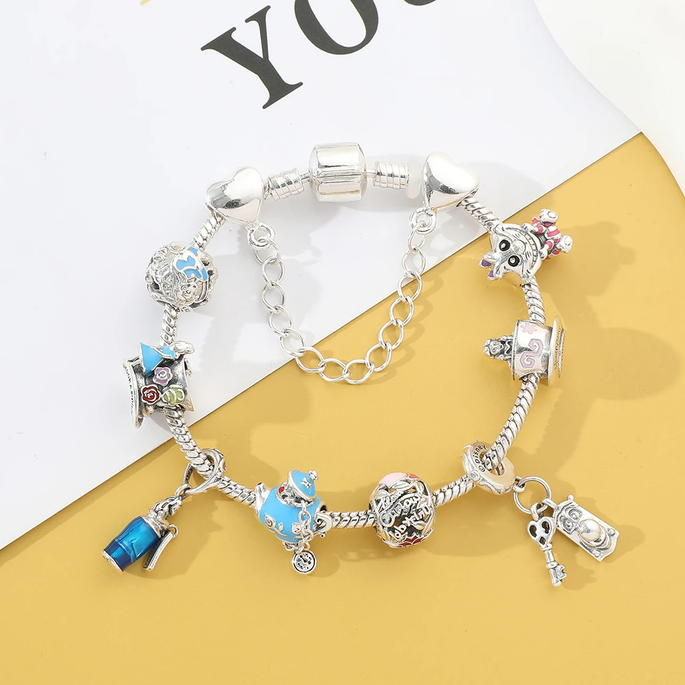 Disney Alice in Wonderland Movie Anime DIY Charm Bracelets for Women Girls Sweet Fashion Silver Color Chain Accessories Gifts