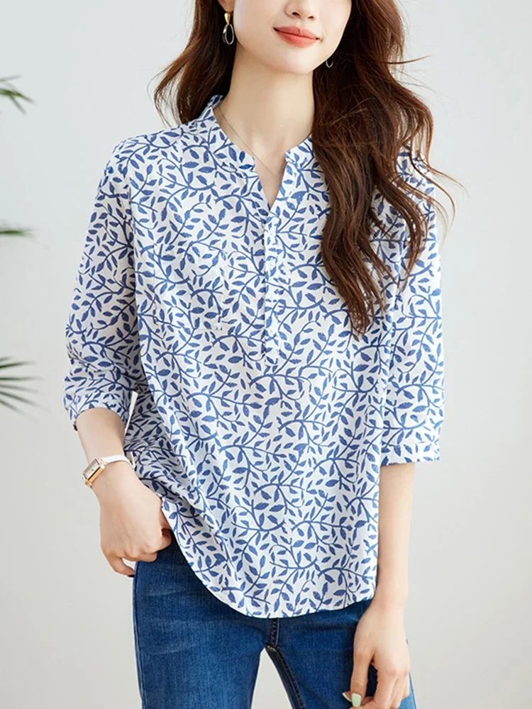 2025 الصيف تخفيف Faionable الأزهار طباعة سبعة Sve irt تنوعا Sli تصميم عادية فضفاض صالح زر حتى irt #4