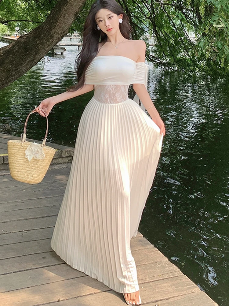 

2025 Summer Boho Sexy Slash Neck Pleated Long Dress For Woman Elegant Lace Splicing Slim Waist Holiday Beach Female Dress