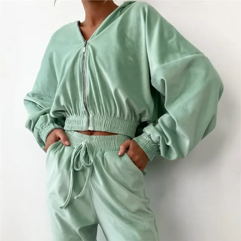 

CPSYM женский наряд, зимний зимний повседневный свитшот, комплект из двух предметов, модная бархатная толстовка с капюшоном на молнии + комплекты брюк на шнурке