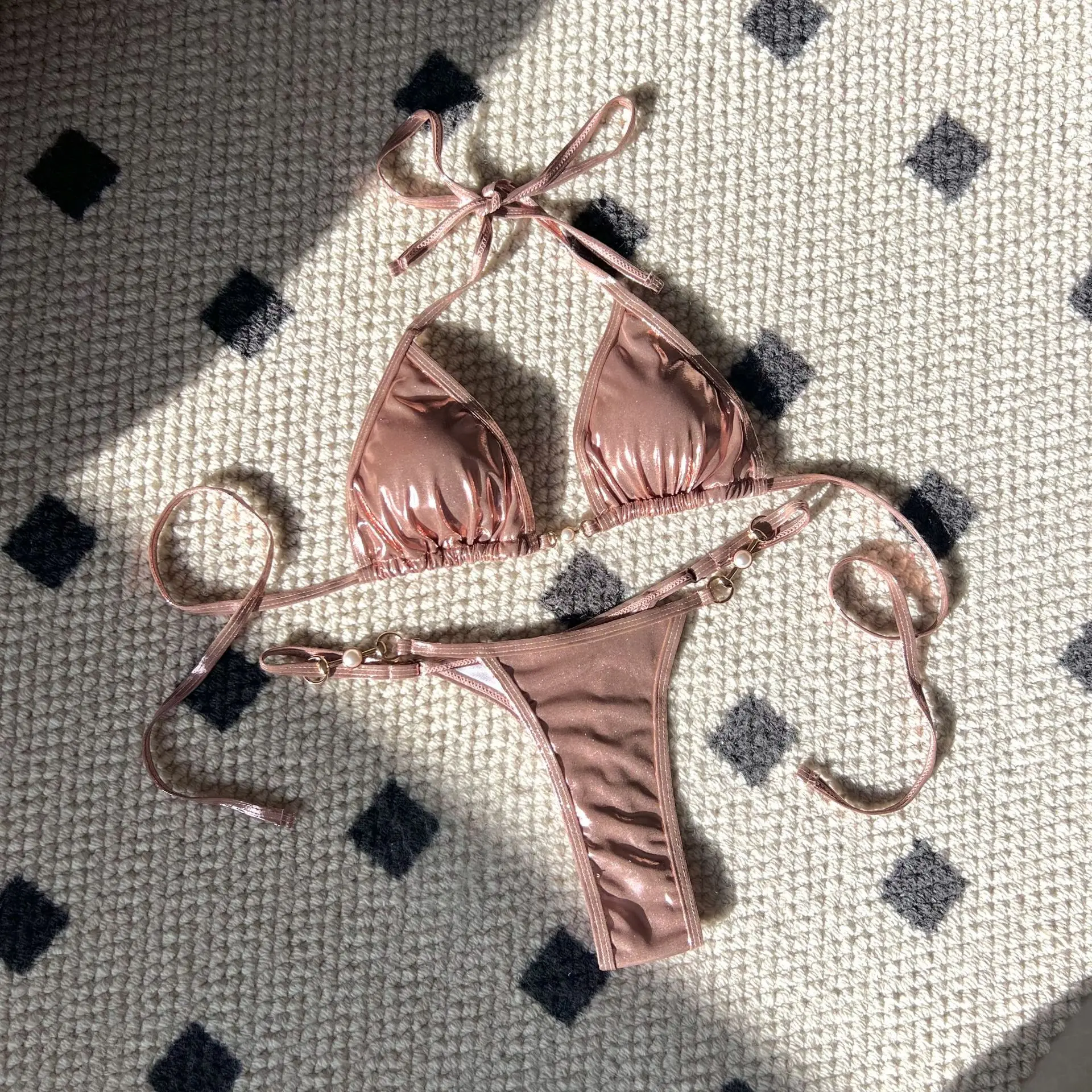 Bikini en similicuir PU pour femme, maillot de bain femme, licou, mini string, ensemble deux pièces, baigneur, baigneur trempé, nouveau