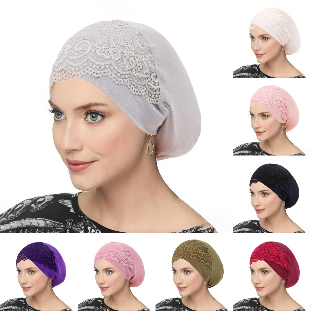

Forehead Cross Inner Hijab Undercap with Lace Muslim Turban Islam Underscarf Bonnet Soft Stretch HIjab Tube Cap Turbante