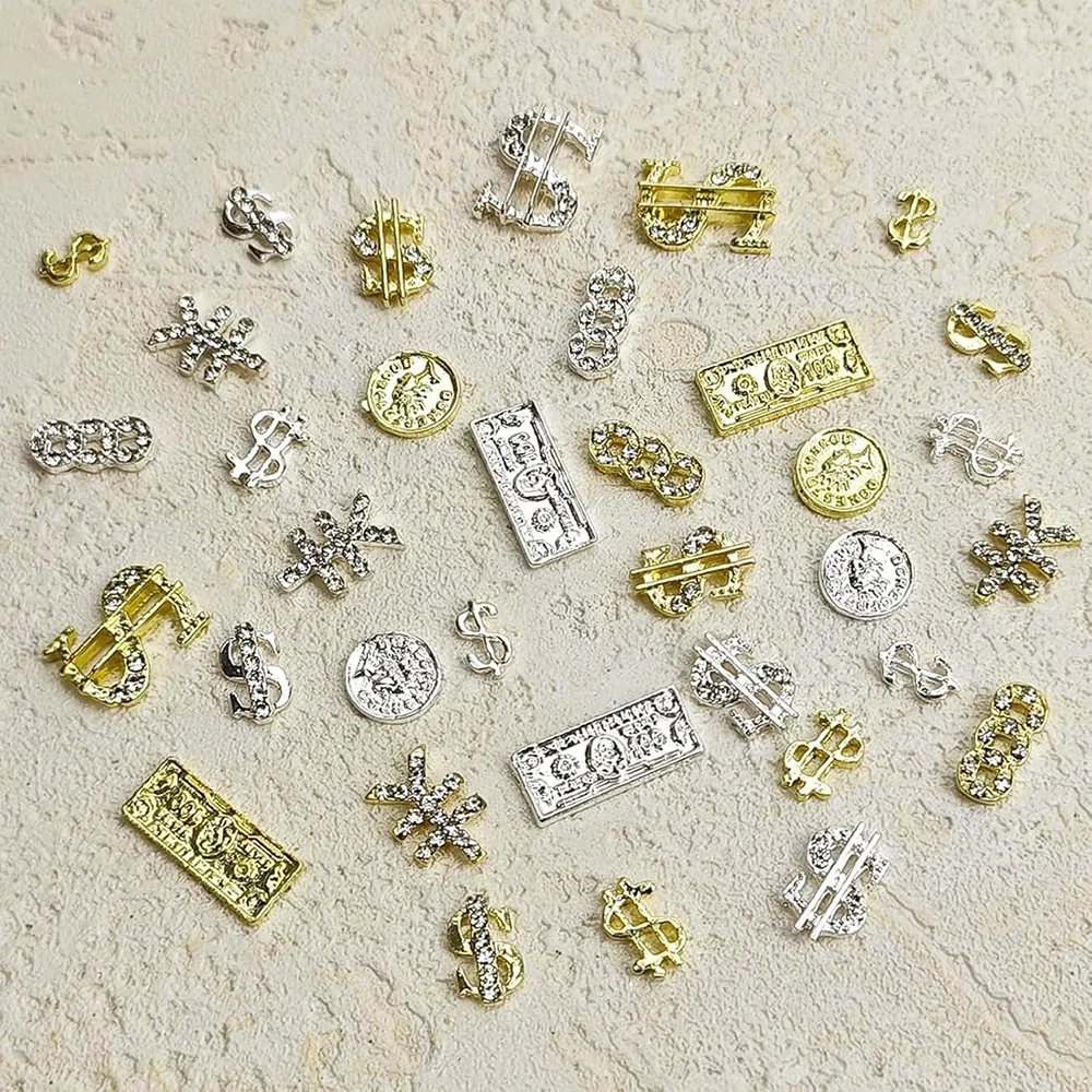 

40 шт./упак., знак доллара, драгоценные камни для ногтей, серебро, золото, деньги, подвески для ногтей, 3D металлические стразы, блестящие роскошные акриловые ногти для женщин и девочек, сделай сам