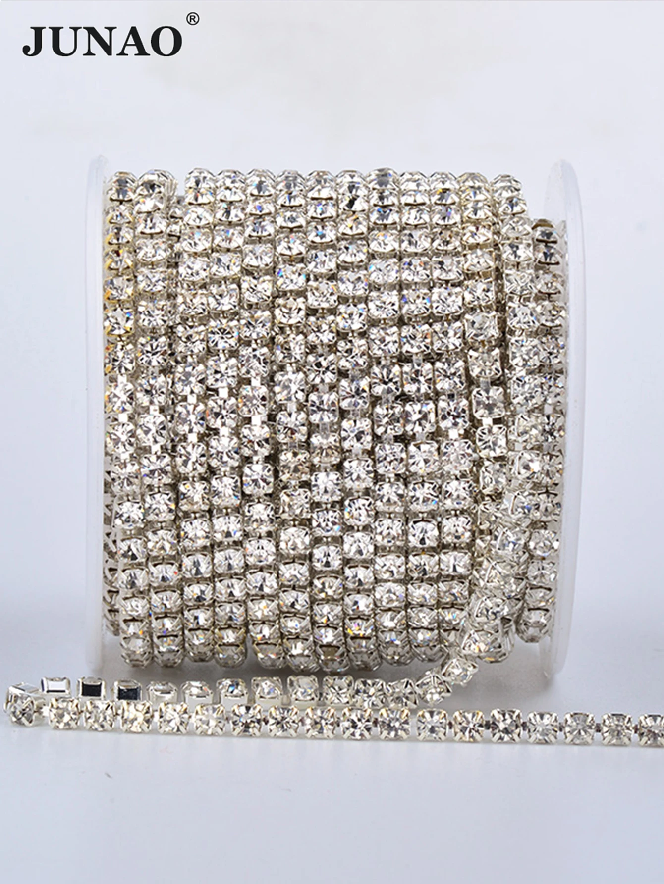 JUNAO SS6 8 10 12 16 18 Clear AB Glass Rhinestones Chain Crystal Ribbon Silver Metal Trim Strass Banding for Clothes Crafts