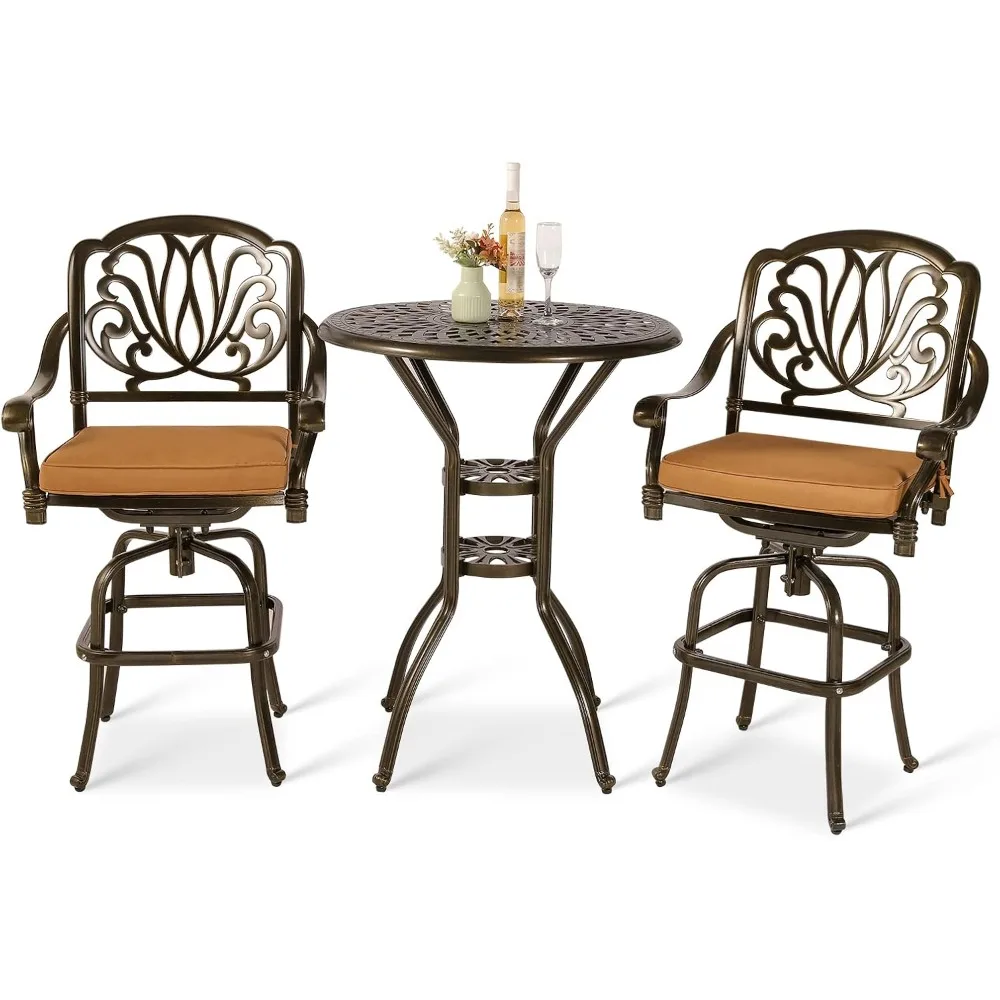 

3-Piece Patio Swivel Bar Stools Set, All Weather Cast Aluminum Outdoor Bar Height Bistro Set with 2 Cushioned Bar Chairs & 31"