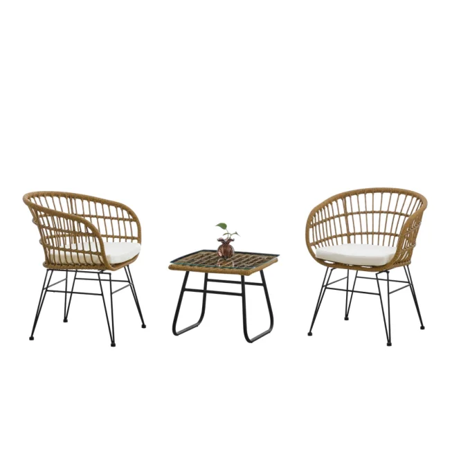 outdoor all-weather polyethylene rattan 2-seat chair tempered glass table set for parks, terraces, gardens, living rooms
