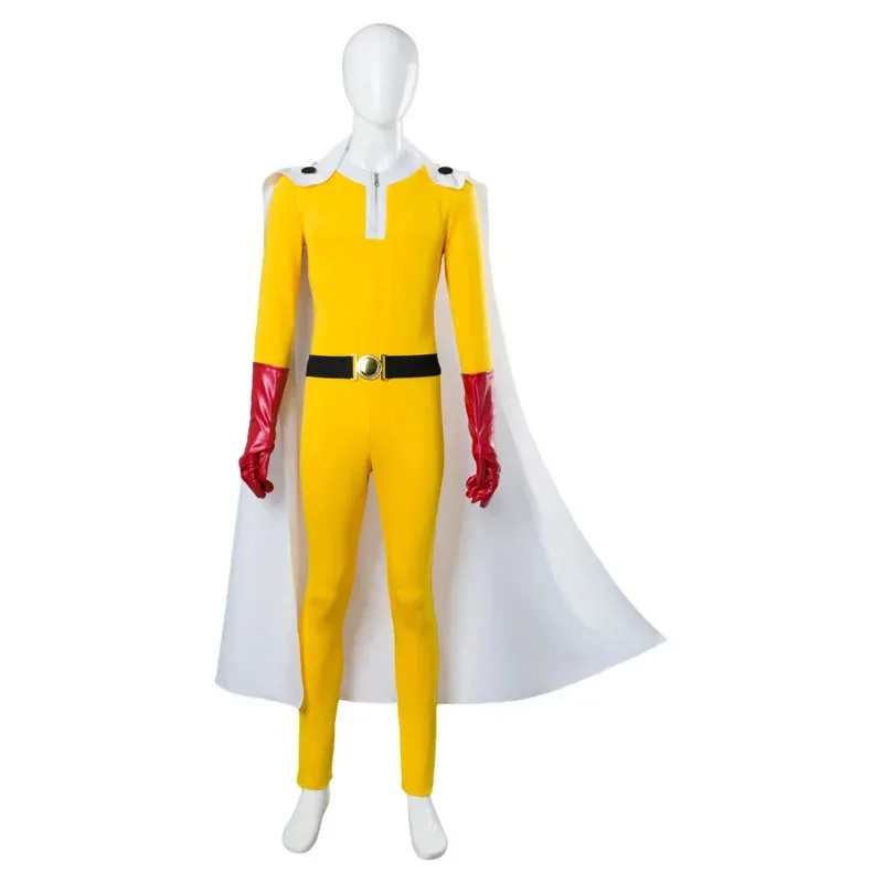 

Anime One Punch Man Saitama Yellow Jumpsuit with White Cloak SuperHero Suit Cosplay Costumesb;4.f'7;j,3'