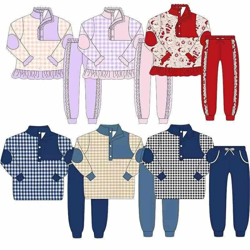 

Stand-up collar lace long-sleeved trousers set for boys and girls plaid Santa Claus print milk silk fabric custom wholesale