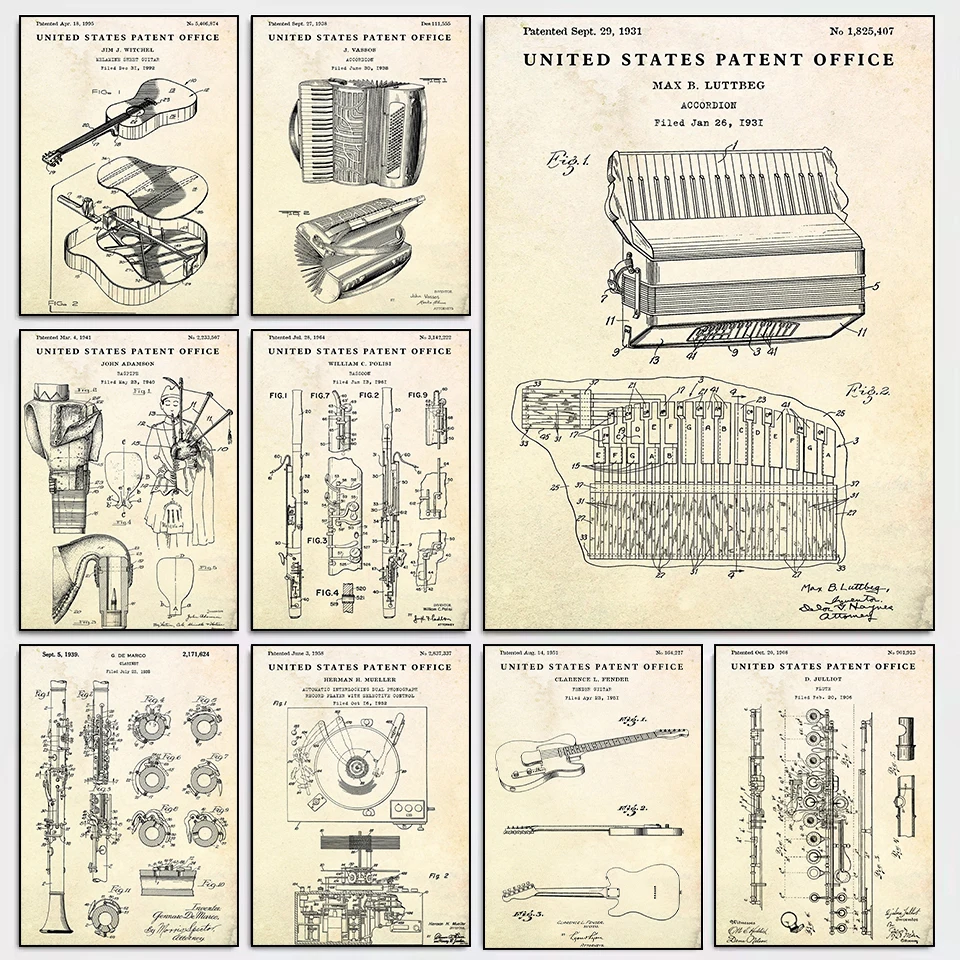 Picture Of Musical Instrument - 음악 악기 발명 청사진 시리즈 포스터