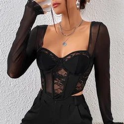 Sexy Lace Mesh Long sleeved Bustier Women's Y2k Corset Gauze Backless Slim Crop Top Square Neck Casual Tank Top T-shirt Camisole