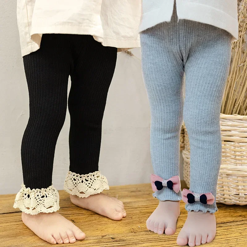 Leggings en coton doux et élastique pour bébé fille, pantalon de lit en dentelle avec nœud, style décontracté, tricot