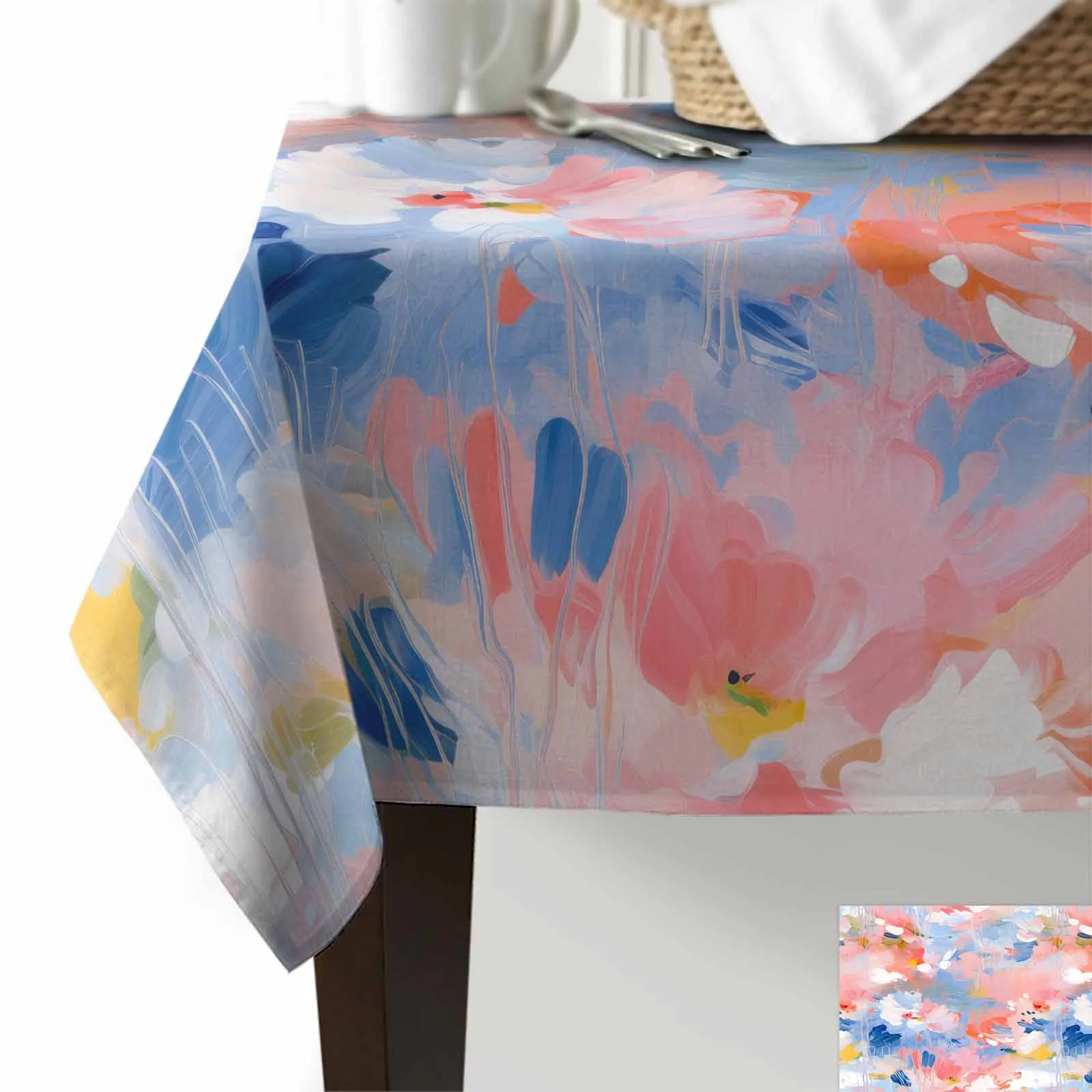 Abstract Flower Oil Painting Art Blue And Pink Anti-scalding Waterproof Tablecloth Rectangular Round Table Cover Furnishings