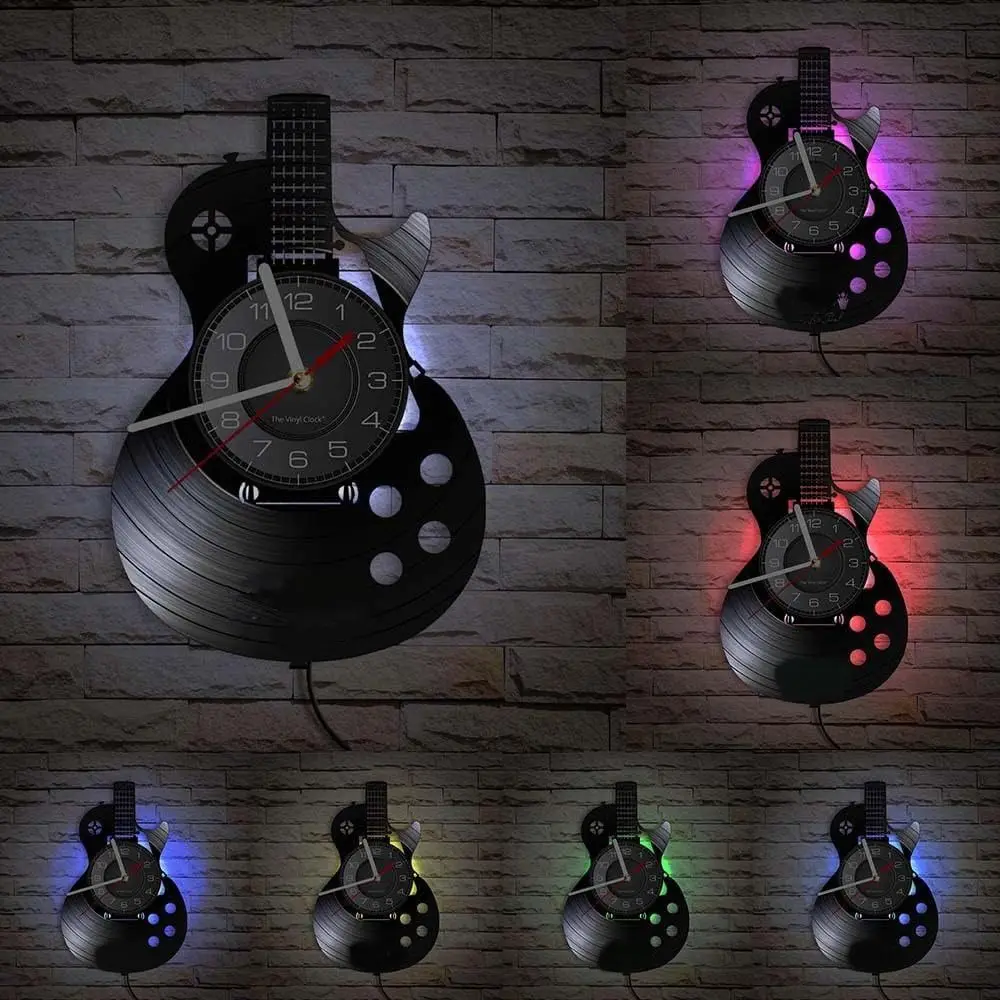 LED Wall Clock Musical Instrument Wall Decor Night Light Wall Clock With Light 7 Colors Acoustic Guitar Wall Clock Gift for Men