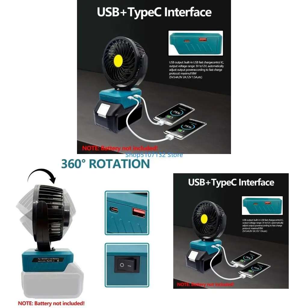 87HD Lightweight 18V Battery Operated Cooling Fan With USB A And C Output For BL1815,