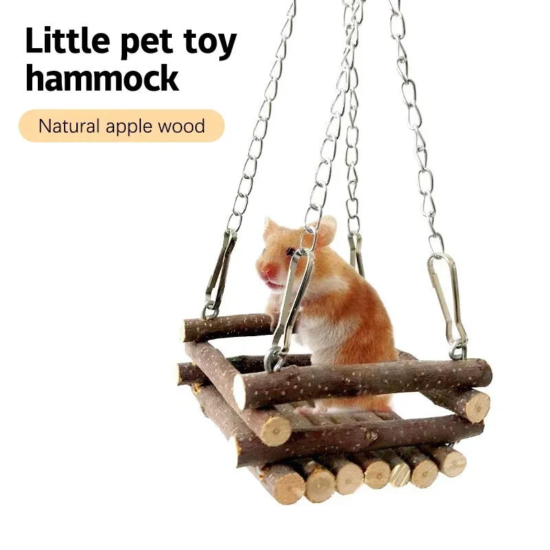 Apple Wood Swing Crane Pet Hamster Toy Bell Swing Hammock Small Pet Parrot Platform Suspended Wooden Suspension Bridge