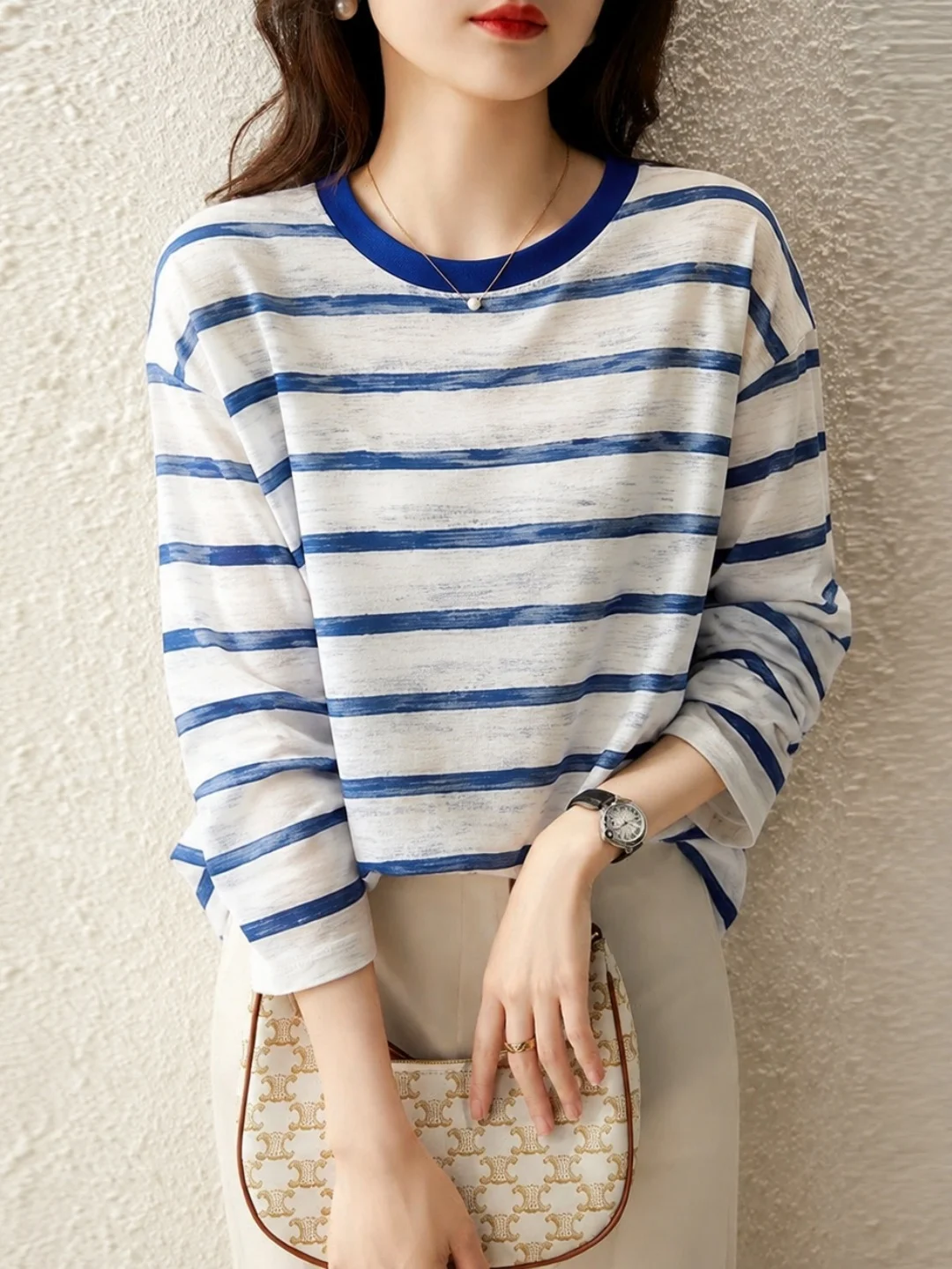 Loose Knitted Striped T-Shirt Long Sleeve Autumn New Fashion Design Sense Top Commute Style Korean Version Straight Tube Type
