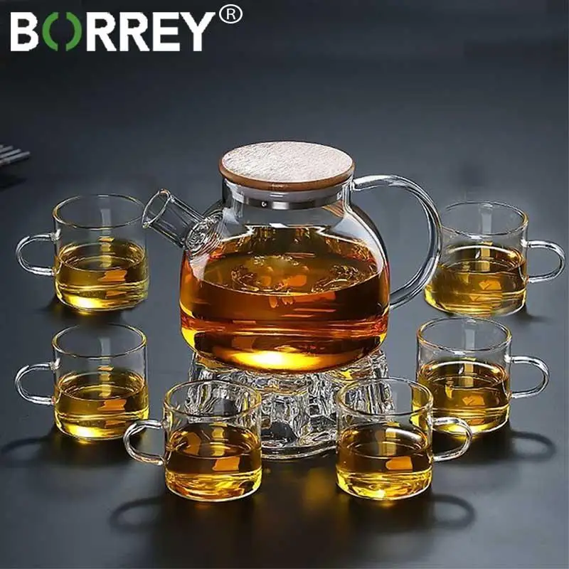 

BORREY 1L Large Capacity Teapot TeaCups Set With Infuser Heat Resistant Glass Teapot Puer Flower Tea Pot Base Glass Water Kettle
