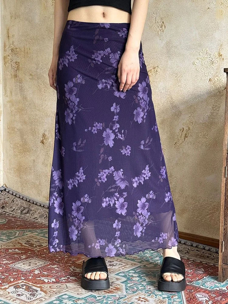 

Женская длинная юбка с цветочным принтом и сетчатыми вставками, сексуальная, с низкой талией, облегающая, винтажная, летняя, повседневная, в американском ретро-стиле, для отпуска на море
