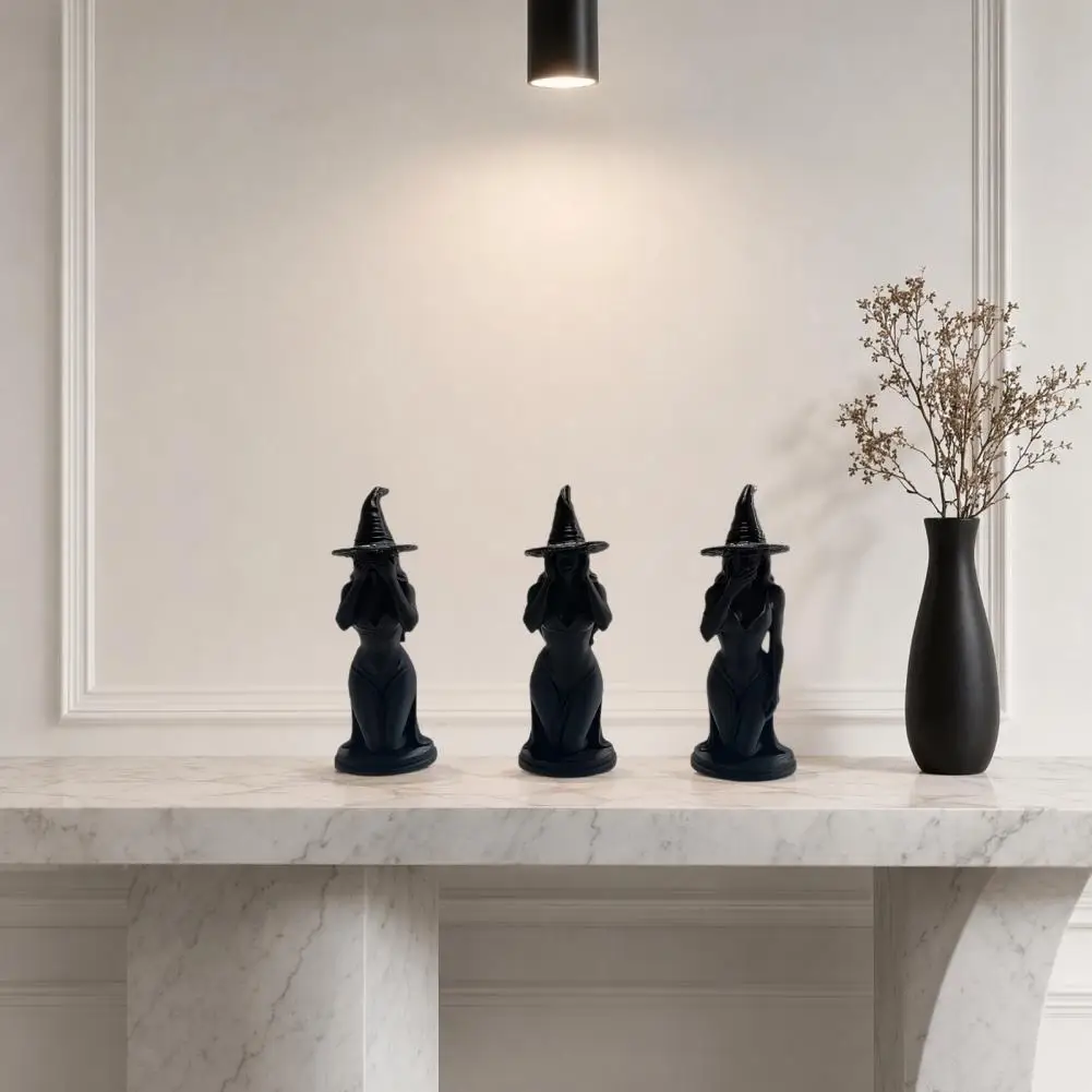 3 Pcs Witch Figurine, 3D Printed Hear See Speak No Evil Witch Statue, Gothic Tabletop Ornament for Halloween Desktop Bookshelf H