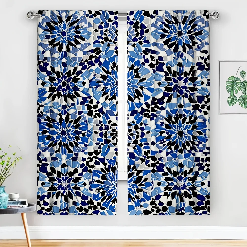 2pcs Islamic Geometric Curtains No Rod — White Base, Blue & Black Zellige-Style Tile Pattern, Sheer Polyester for Living Room