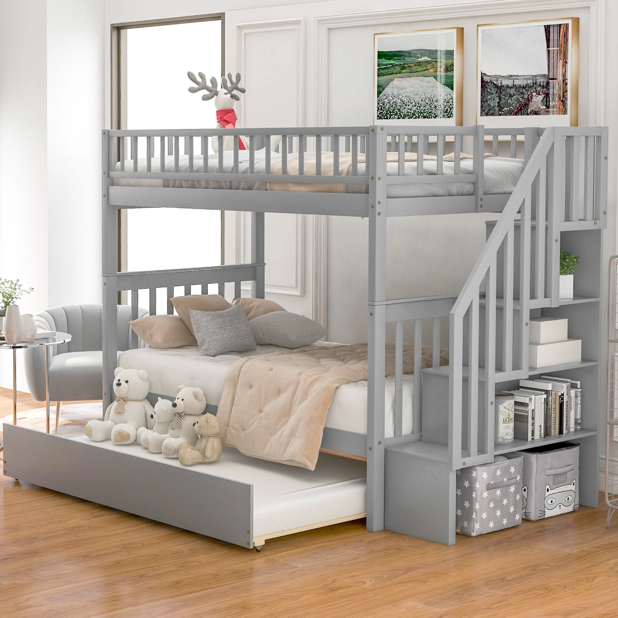 Twin over Twin Metal Bunk Bed with Trundle, Noise-Free Wood Slats, Textilene Guardrail 77.95x41.34x65.35 in.