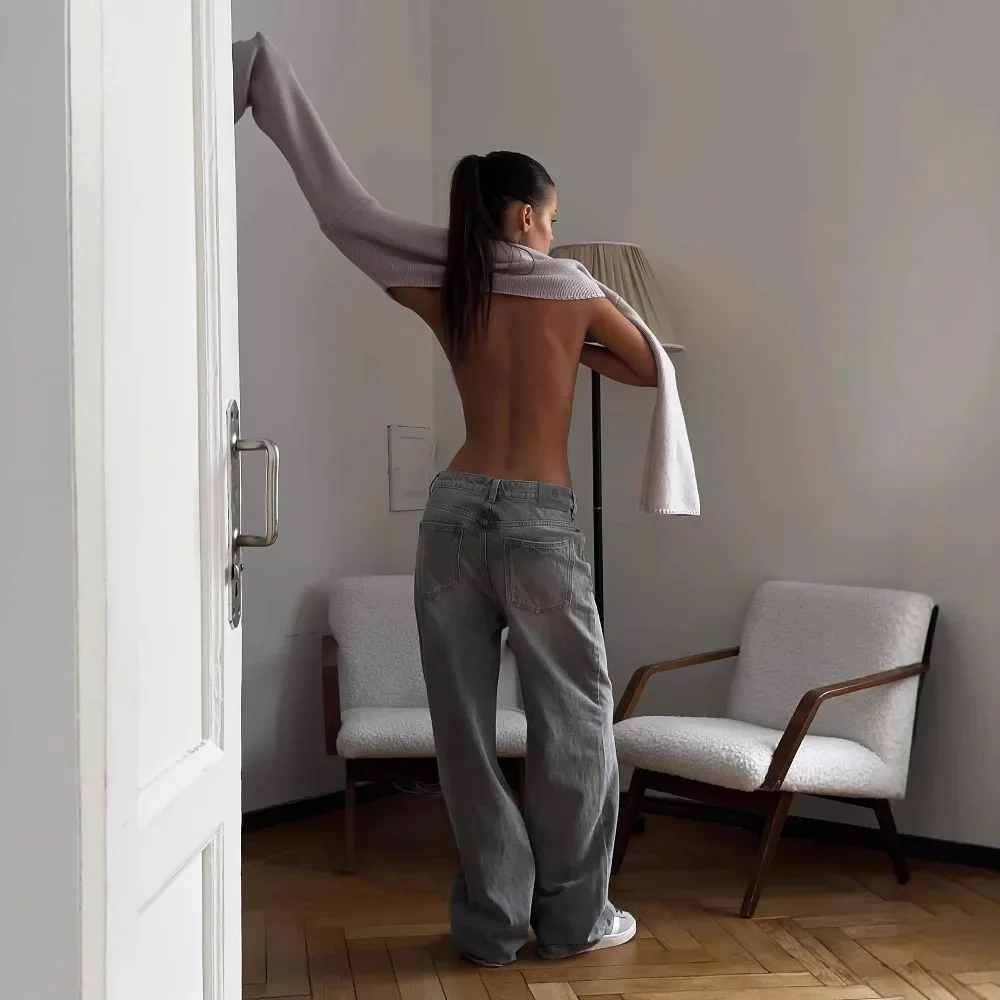 アメリカンスタイルのレトログレーウォッシュ加工ダメージデニムワイドレッグハイウエストルーズフィットフロアレングスカジュアルパンツ女性用