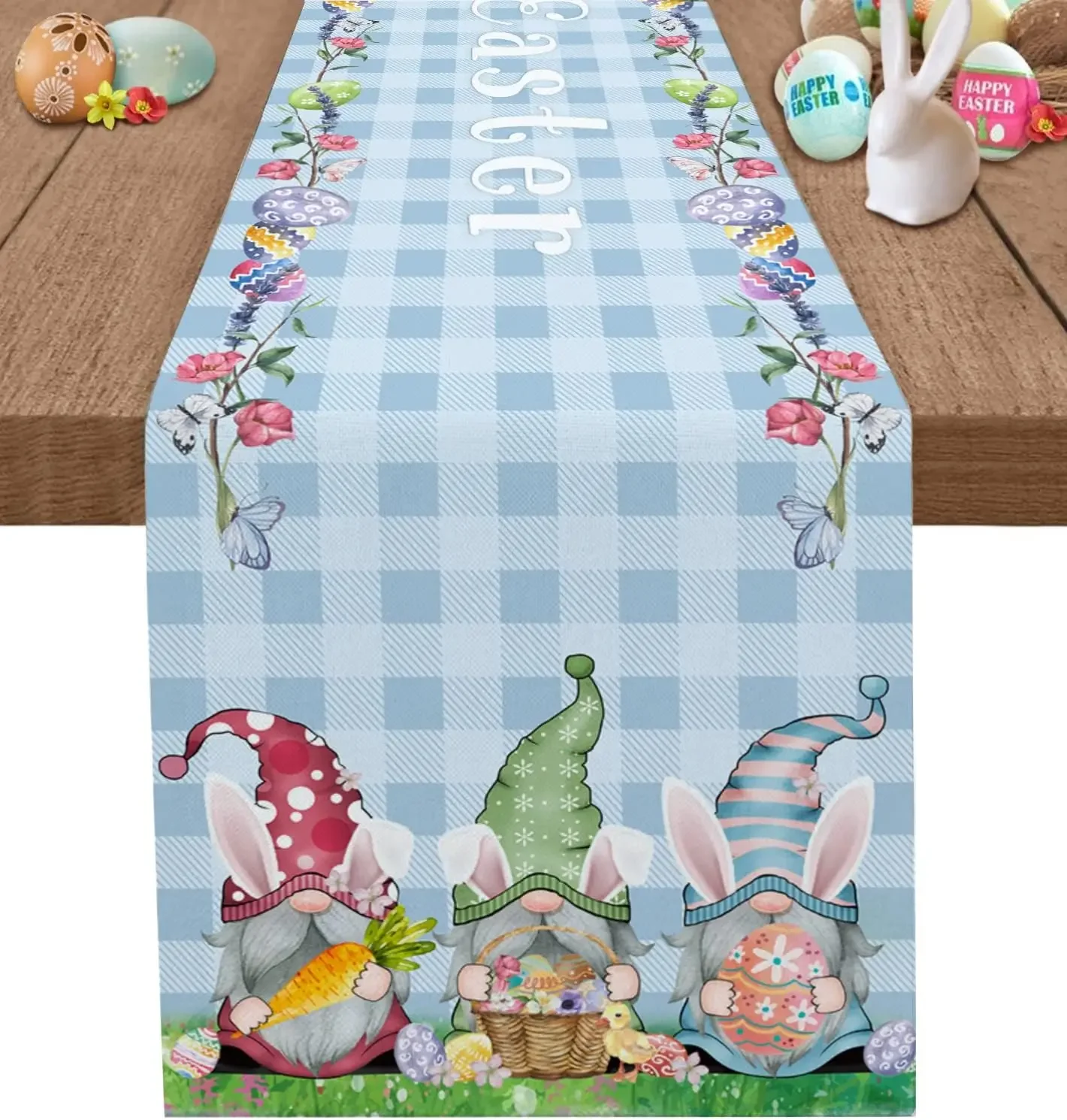 Easter Gnomes Rabbit Eggs Blue Plaid Linen Table Runners Holiday Party Decor Farmhouse Dining Table Runners Easter Decorations