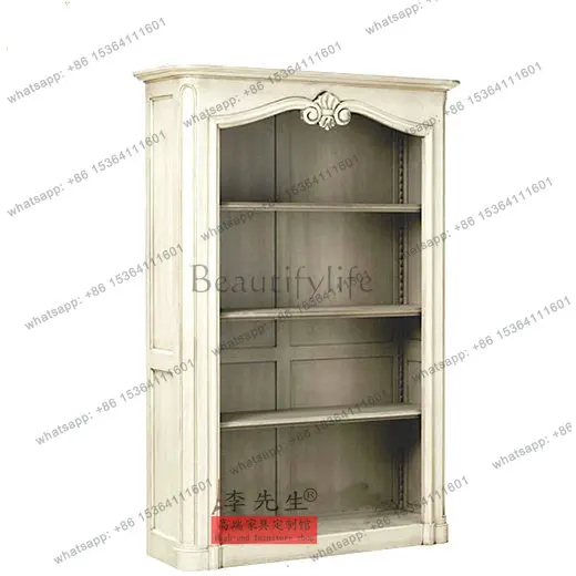 

European white doorless bookcase, American Mediterranean retro old carved solid wood bookcase