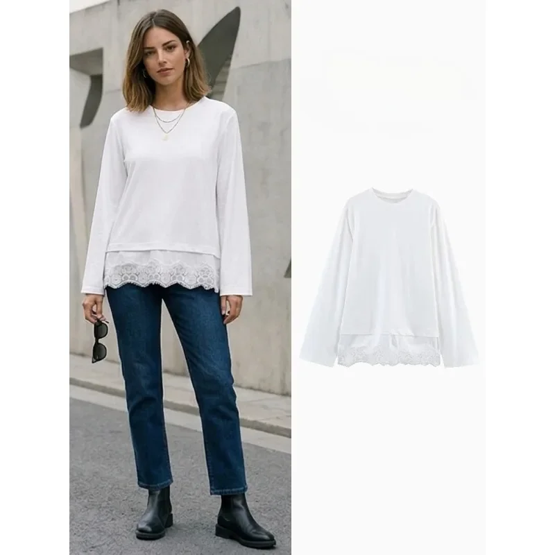 

FANAN Women Fashion White Lace Patchwork T-Shirts Vintage O-Neck Long Sleeves Female Chic Lady Blouse Tops